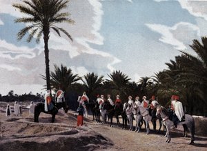 Spahis: Patrouille aus dem Süden, der einheimische Hauptmann berichtet seinem europäischen Schwadronführer von seiner Mission - in „Album militaire“ - Spahis von French School