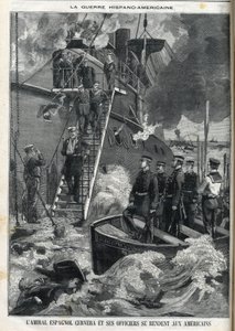 Spanischer Admiral Cervera und seine Offiziere ergaben sich den Amerikanern. Der Unabhängigkeitskrieg Kubas, das unter spanischer Herrschaft stand, brach 1895 aus, und die Kubaner baten die Amerikaner um Intervention. So begann und endete der Krieg zwische