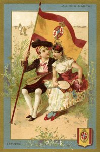 Spanischer Junge und Mädchen, aus einer Serie von Illustrationen von Kindern aus verschiedenen Ländern, produziert als Werbekarten für das Bon Marché Kaufhaus in Paris, ca. 1890