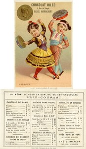 Spanische Kinder tanzen mit Tamburinen aus Peseten, aus einer Serie von Werbekarten über Währungen in verschiedenen Ländern, veröffentlicht in Paris von Vieillemard für Chocolat Ibled, 1886-95