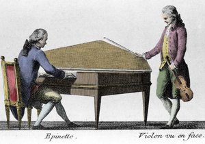 Spinett- und Geigenspieler. Gravur aus dem späten 18. Jahrhundert. von French School