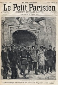 Spionageprozess in Deutschland: Die Franzosen Daguet und Dubois werden von der Festung Kiel nach Leipzig gebracht. In der Zeitung Le Petit Parisien am 10.12.1893 (Gravur)