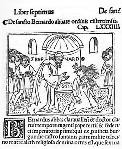 St. Bernhard von Clairvaux exorziert eine besessene Frau, Illustration aus La Vie des Saints, veröffentlicht 1506 von French School