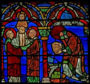 St. Cheron Fenster: Trägt seinen Kopf zur Quelle von St. Mesme; seine Seele steigt auf