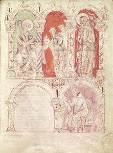 St. Johannes Cassian (360-ca.435) schreibt und Mönche bieten das Buch dem Patron der Abtei an, aus Collationes von Cassian, aus der Abtei von St. Amand