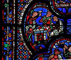 Das St. Johannes-Fenster: Zwei Männer zerschlagen einige Edelsteine