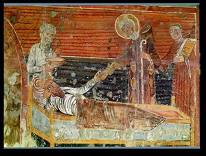 St. Severinus (gest. 507) heilt Chlodwig I. (465-511) Kopie eines Originals aus dem 12. Jahrhundert in der Kirche von Chateau-Landon von French School