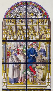 Buntglas aus der Kathedrale von Tournai, das die von den Bischöfen von Tournai erhobenen Steuern auf Bier und Wein darstellt von French School