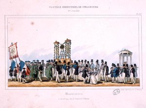 Beginn der Prozession der Zimmerleute in Straßburg, 25. Juni 1840 von French School