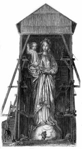 Statue von Notre Dame de France in Puy en Velay (Puy-en-Velay) in Haute Loire: Modell der Statue, die aus dem Eisen der in Sebastopol erbeuteten Kanonen gegossen werden soll. Die Statue wurde 1860 fertiggestellt und war 16 m hoch. Nach einer Fotografie. Gr von French School