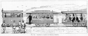 Dampfstraßenbahn von Vercelli (Piemont) - in „Die neuen Eroberungen der Wissenschaft“ von Louis Figuier von French School
