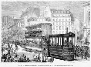 Dampfschlepper für erfahrene Straßenbahnwagen in Paris, von der Montparnasse-Station zur Bastille - in „The new conquests of science“ von Louis Figuier