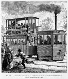 Dampfschlepper für erfahrene Straßenbahnwagen in Paris, auf der Saint-Denis-Linie - in „Die neuen Eroberungen der Wissenschaft“ von Louis Figuier