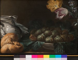 Stillleben mit Feigenteller, Krug, Blumen und Brot, 1740-50
