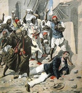 Steinigung von Doktor Emile Mauchamp in Marrakesch, Titelillustration aus Le Petit Journal, 7. April 1907 von French School
