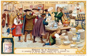 Geschichte des Porzellans Nr. 4: Meißener Porzellan (Sachsen) erschien erstmals auf der Ostermesse in Leipzig im Jahr 1710. Liébig Chromolithographie