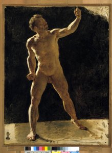 Studie eines nackten Mannes, der seine Faust erhebt. Anonymes Gemälde. Musée Granet, Aix-en-Provence von French School