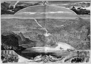 Suezkanal: Panoramablick auf das Loch im Isthmus von Suez (Ägypten), dessen Bau 1859 begann. Gravur von Morin in „Die illustrierte Welt“ Nr. 84 vom 20. November