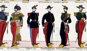 Uniformen für Studenten des Offiziers der Guides, der Schule von Saint Cyr, Polytechnique und der Anwendungsschule. Gravur des 19. Jahrhunderts. Paris, Musee Carnavalet von French School