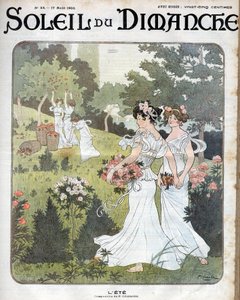 Sommerallegorie: Frauen in weißen Kleidern halten sich an den Händen mit Körben voller Rosen in einem Garten und andere pflücken Äpfel aus einem Obstgarten von French School