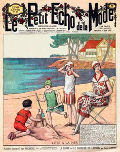 Sommer am Meer, Frau mit ihren drei Kindern am Strand von French School