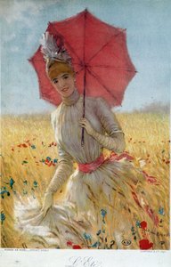 Sommer: junge Frau mit einem Regenschirm in einem Weizenfeld - Zeichnung, Ende 19. Jahrhundert von French School