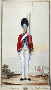 Schweizergarde. Tafel 16 in „Compendium der Militäruniformen der französischen Truppen unter Ludwig XVI.“ Lithographie von 1779. Dim. 0,23x0,16 m. Paris, Armeemuseum