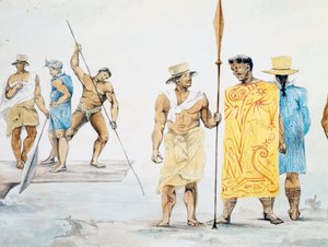Tahitische Häuptlinge besteigen die Coquille, Entwurf von Jules-Louis Lejeune, basierend auf der Reise um die Welt von French School