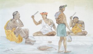 Tahitische Tuchschläger, von LF Lejeune aus der Reise von Louis I Duperrey, Polynesien 19. Jahrhundert Aquarell