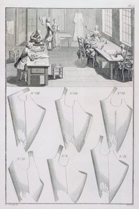 Schneider, aus der Encyclopedie des Sciences et Metiers von Denis Diderot (1713-84) veröffentlicht ca. 1770