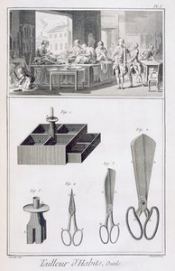 Schneider, aus der Encyclopedie des Sciences et Metiers von Denis Diderot (1713-84) veröffentlicht ca. 1770