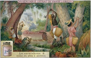 Gummibäume anzapfen, Werbekarte für Veritable Extrait de Viande Liebig, späte 19. Jahrhundert