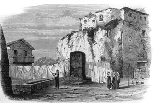 Tarpejischer Felsen nahe dem Kapitol in Rom. Hinrichtungsort bis zum Ende der Republik: Verurteilte wurden von der Klippe gestürzt. Gravur nach einer Zeichnung von M. Mariani in „Das illustrierte Universum“