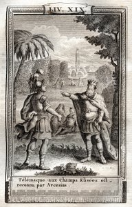 Telemachus in den Champs Élysées wird von Arcesius erkannt - Gravur von 1798 nach Monnet in „Les Aventures de Télémaque, fils d
