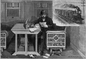 Telefonische Kommunikation von fahrenden Zügen, Thomas Edison System (1847-1931): ein Mitarbeiter mit Telefonapparat empfängt eine Rede in einem fahrenden Wagen. Gravur in „La Nature. Revue des sciences et de ses applications aux arts et à l