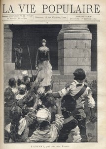 Terror während der Französischen Revolution (1793): Eine junge Frau steigt die Stufen eines Revolutionsgerichts vor einer wütenden Menge hinab, die sie bedroht. Illustration für 