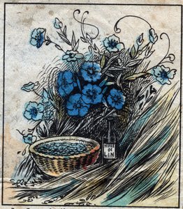 Textil, Leinen. Flachsblume (blau), Stängel aus Stroh und Filamenten zur Herstellung von Leinengarn. Samen in der Medizin verwendet und aus denen Öl für die Industrie gewonnen wird. Gravur von French School