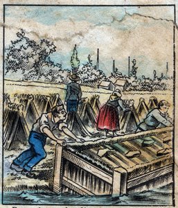 Textil, Leinen. Flachsrost: Um Strohfasern zu trennen, werden Flachsbündel ins Wasser getaucht. Gravur. Epinal-Bild Ende des 19. Jahrhunderts.