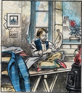 Textil, Leinen. Nähgarn in Stränge geschnitten. Gravur. Epinal-Bildgebung Ende des 19. Jahrhunderts.
