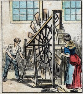 Textil, Leinen. Bearbeitung des Flachses, um das Stroh durch Mühlen fallen zu lassen und so die Faser zu erhalten. Gravur. Epinal-Bildgebung Ende des 19. Jahrhunderts.