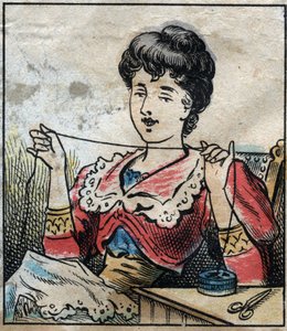 Textil, Leinen. Frau benutzt Kapseln, um Nähfäden zu verwenden. Gravur. Epinal-Bild Ende des 19. Jahrhunderts.