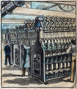 Textilien, Leinen: die Werkstatt. Umwandlung der Bänder in Bohrer und dann in Fäden mit Spinnmaschinen. Gravur. Epinal Imaging Ende des 19. Jahrhunderts. von French School
