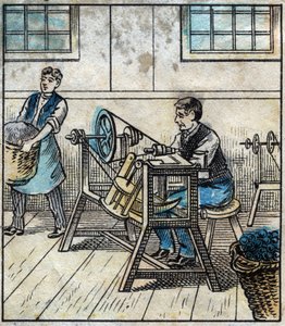 Textil, Leinen: Werkstatt. Der Nähfaden wird auf Karten oder Rollen in einem Ballen ausgelegt. Gravur. Epinal-Bild Ende des 19. Jahrhunderts.