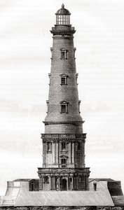 Der Leuchtturm von Cordouan aus dem 17. Jahrhundert, nahe der Mündung der Gironde-Mündung in Frankreich, hier nach seiner Erweiterung im 18. Jahrhundert, aus Les Merveilles de la Science, veröffentlicht um 1870 (Gravur)