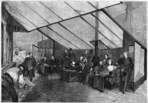 Der Salon von 1872: eine Sitzung der Jury für Gemälde. Von rechts nach links sind Meissonnier, Ph. Rousseau, Breton, G. Boulanger, Robert Fleury, Fromentin, Jalabert, Mazerolles, Brion, Bonnat, Baudry, Dubuffe, Delauney, Cabat. Gravur in „Le Monde Illustré von French School