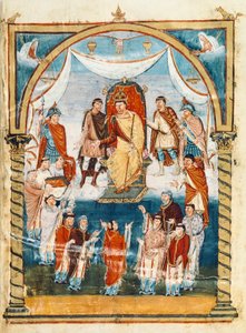 Der Abt Vivian umgeben von Mönchen des St. Martin von Tours, die das Buch Karl II. dem Kahlen präsentieren, 9. Jahrhundert (Miniatur)