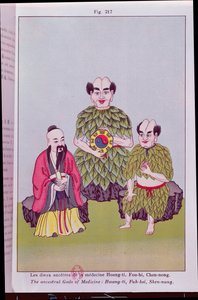 Die Ahnen-Götter der Medizin: Hwang-ti, Fuh-hsi mit dem Tai-ki, Shen-nung, der eine Heilpflanze kostet, Illustration nach populären chinesischen Bildern (Farbgravur) von French School