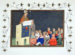 Der Erzbischof von Canterbury predigt dem englischen Adel gegen Richard II., Faksimile-Kopie aus Le Prinse et Mort du Roy Richart von Jean Creton, nachgedruckt im 19. Jahrhundert von French School