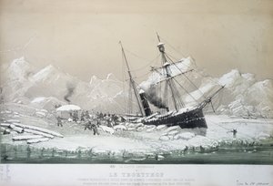 Der österreichische Schraubendampfer Tegetthof im Eis steckend und von Eisbären angegriffen während der Nordpolexpedition 1872-4