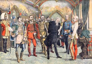 Die österreichisch-ungarische Krise. Der Kaiser Franz Joseph I. empfängt die ungarischen Barone, die allgemeines Wahlrecht in Ungarn fordern. Illustration für Le Petit Journal